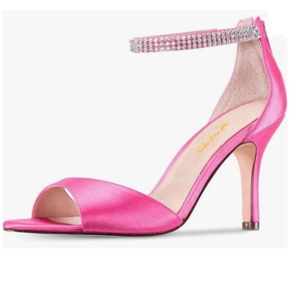 XYD Hot Pink Open Toe Rhinestones Ankle Strap Mid Heel Back Zip Satin Sandals